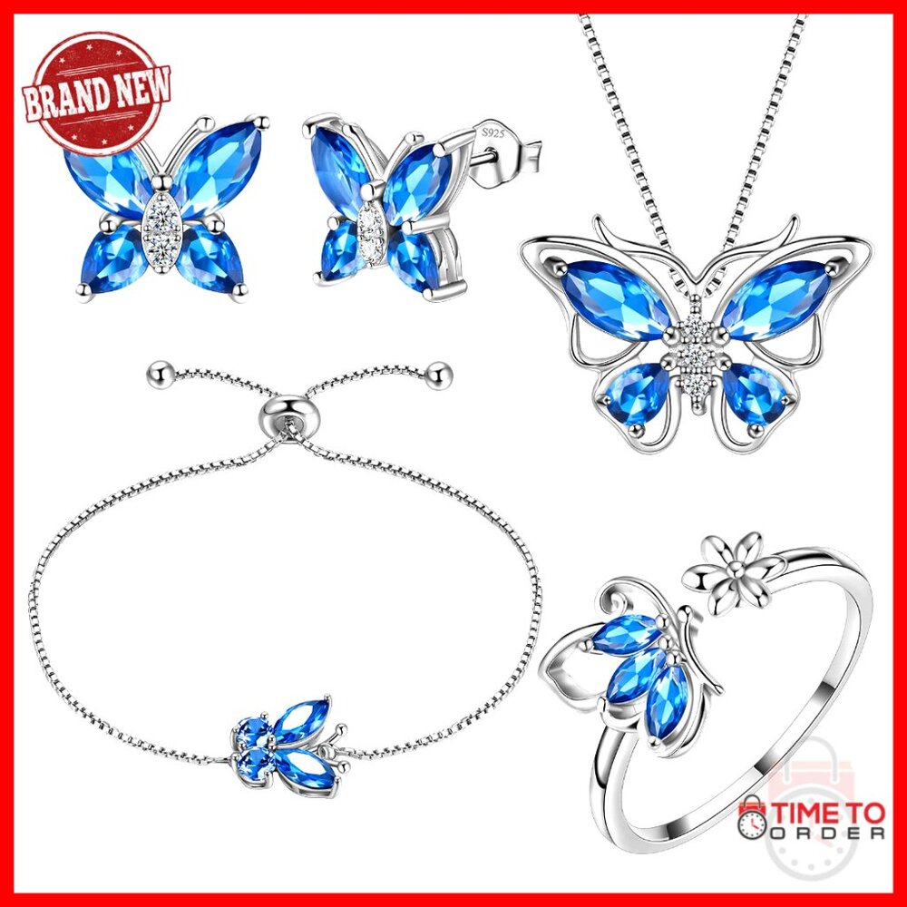 925 Sterling Silver Butterfly Jewelry Set Pendant Ring Earrings Bracelet